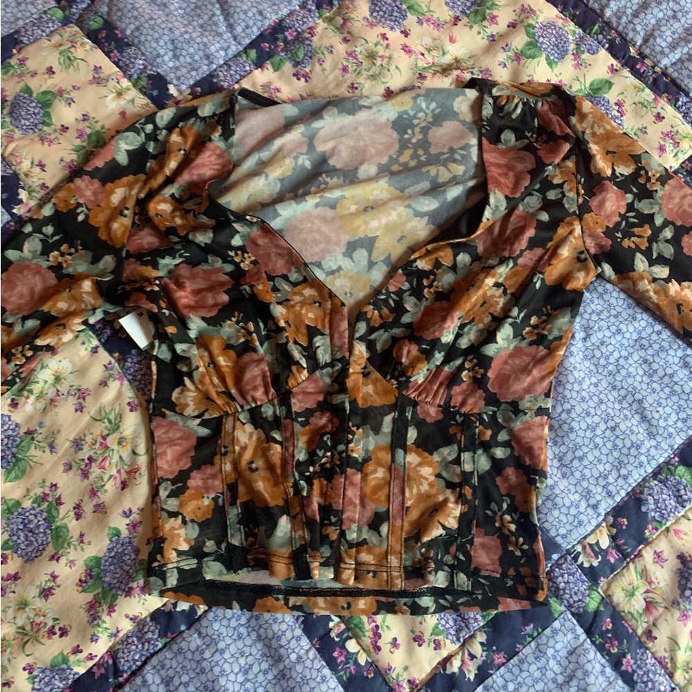 Forever 21 Floral Mesh Long Sleeve Top/Fitted Blouse